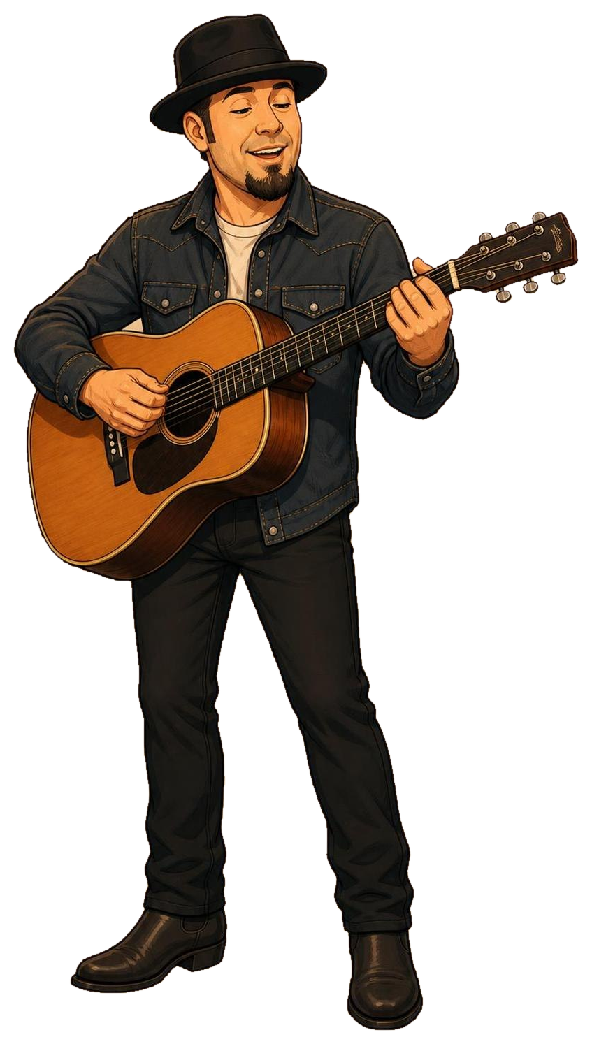 Alex mit Gitarre als Road-Brothers-Artwork