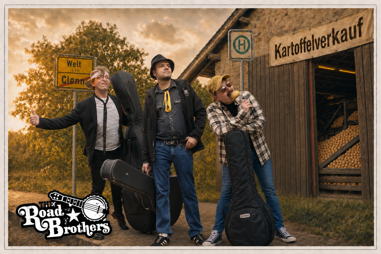 The Road Brothers an der Bushaltestelle beim Kartoffelverkauf