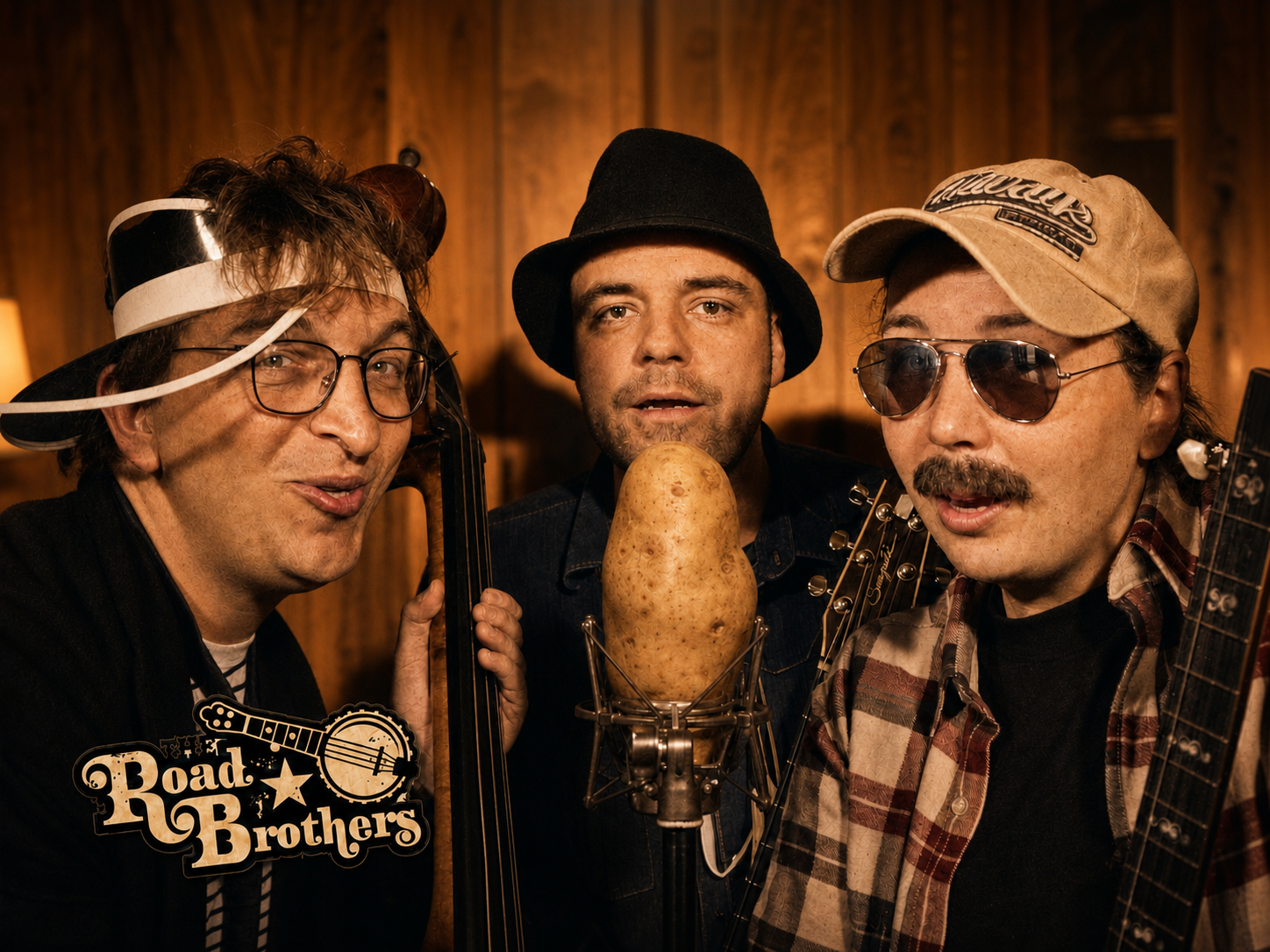 The Road Brothers im Studio mit Bass, Gitarre und Kartoffelmikrofon